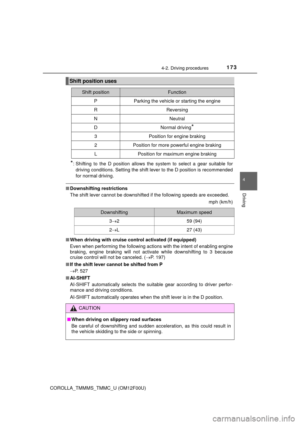 TOYOTA COROLLA 2015 11.G Owners Manual 1734-2. Driving procedures
4
Driving
COROLLA_TMMMS_TMMC_U (OM12F00U)
*: Shifting to the D position allows the system to select a gear suitable fordriving conditions. Setting the shift lever to the D p