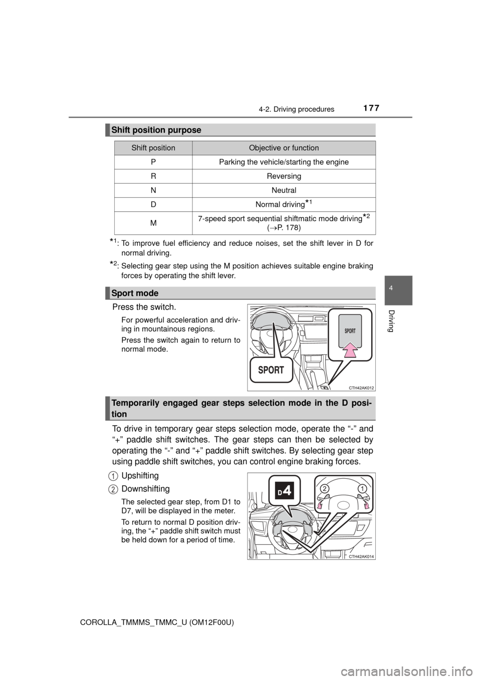 TOYOTA COROLLA 2015 11.G Owners Manual 1774-2. Driving procedures
4
Driving
COROLLA_TMMMS_TMMC_U (OM12F00U)
*1: To improve fuel efficiency and reduce noises, set the shift lever in D fornormal driving.
*2: Selecting gear step using the M p