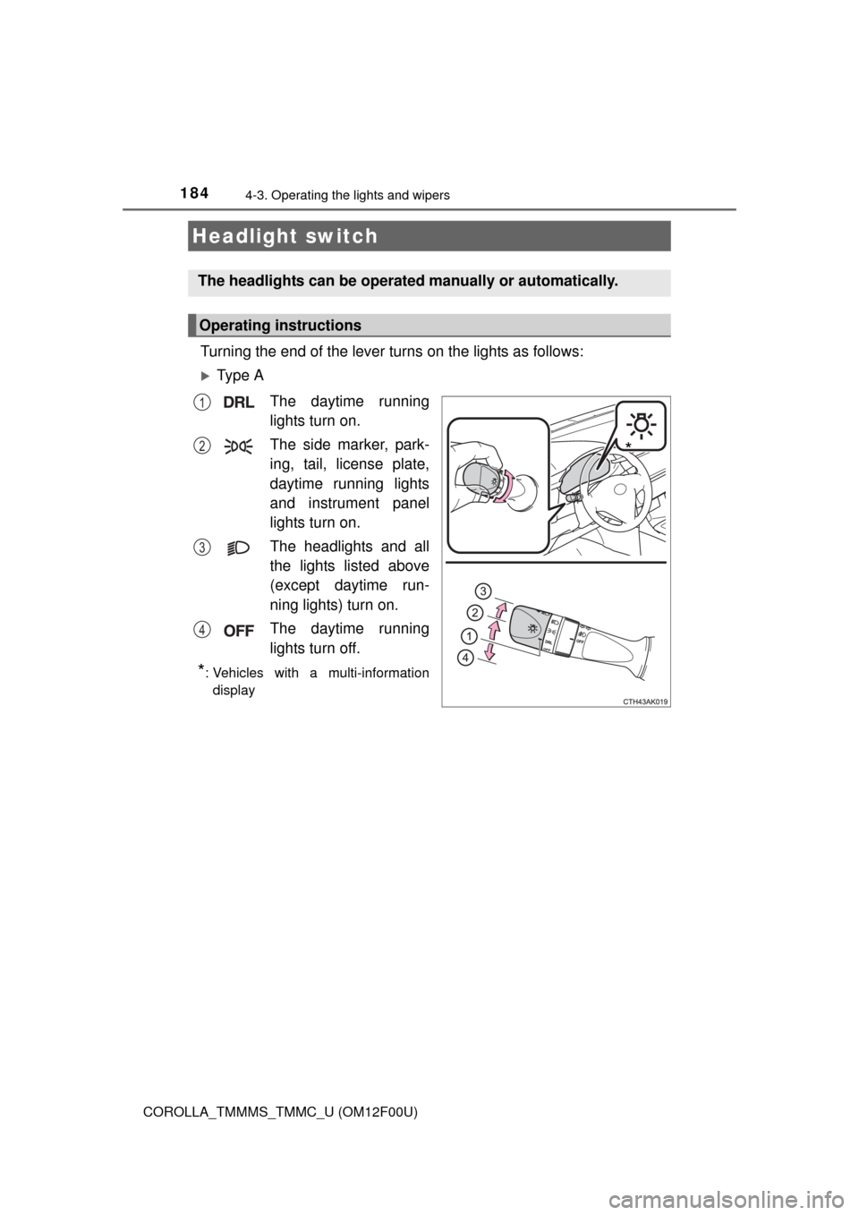 TOYOTA COROLLA 2015 11.G Owners Manual 184
COROLLA_TMMMS_TMMC_U (OM12F00U)
4-3. Operating the lights and wipers
Turning the end of the lever turns on the lights as follows:
Ty p e  AThe daytime running
lights turn on.
The side marker, p