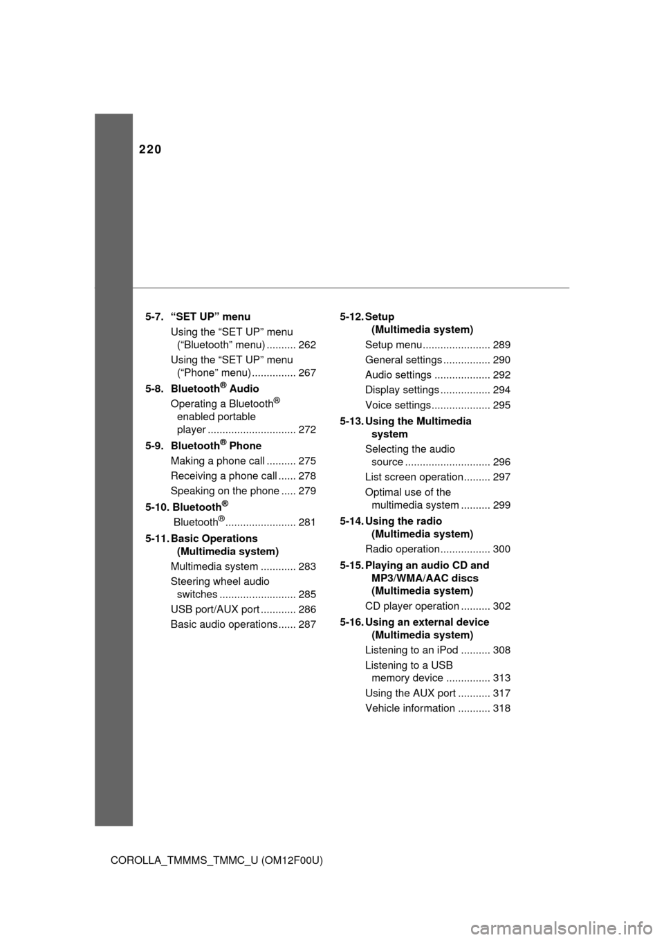 TOYOTA COROLLA 2015 11.G Owners Manual 220
COROLLA_TMMMS_TMMC_U (OM12F00U)5-7.  “SET UP” menu
Using the “SET UP” menu (“Bluetooth” menu) .......... 262
Using the “SET UP” menu  (“Phone” menu) ............... 267
5-8. Bl