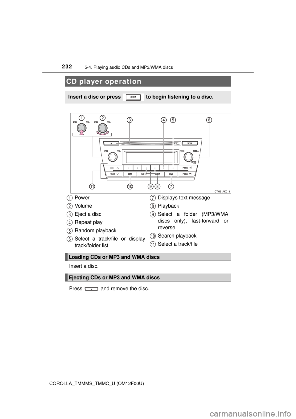 TOYOTA COROLLA 2015 11.G Owners Manual 232
COROLLA_TMMMS_TMMC_U (OM12F00U)
5-4. Playing audio CDs and MP3/WMA discs
Insert a disc.
Press and remove the disc.
CD player operation
Insert a disc or press to begin listening to a disc.
Powe TOYOTA COROLLA 2015 11.G Owners Manual 232
COROLLA_TMMMS_TMMC_U (OM12F00U)
5-4. Playing audio CDs and MP3/WMA discs
Insert a disc.
Press and remove the disc.
CD player operation
Insert a disc or press to begin listening to a disc.
Powe