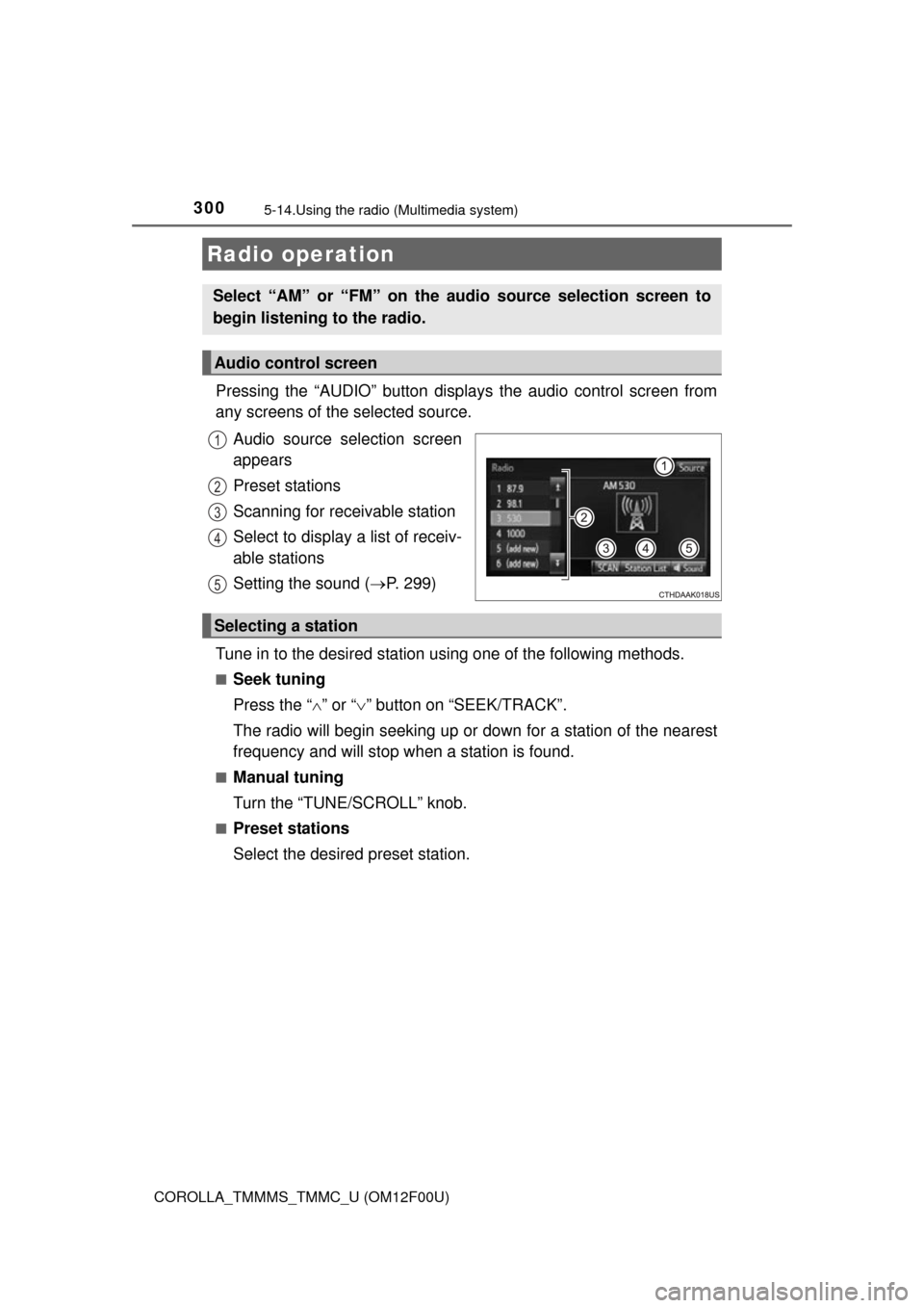 TOYOTA COROLLA 2015 11.G Owners Manual 300
COROLLA_TMMMS_TMMC_U (OM12F00U)
5-14.Using the radio (Multimedia system)
Pressing the “AUDIO” button disp lays the audio control screen from
any screens of the selected source.
Audio source se