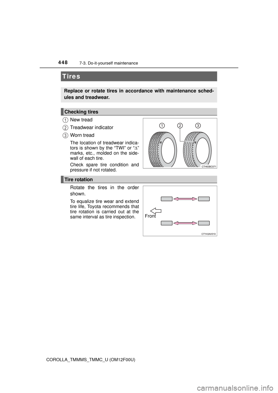 TOYOTA COROLLA 2015 11.G Owners Manual 4487-3. Do-it-yourself maintenance
COROLLA_TMMMS_TMMC_U (OM12F00U)
New tread
Treadwear indicator
Worn tread
The location of treadwear indica-
tors is shown by the “TWI” or “”
marks, etc., m TOYOTA COROLLA 2015 11.G Owners Manual 4487-3. Do-it-yourself maintenance
COROLLA_TMMMS_TMMC_U (OM12F00U)
New tread
Treadwear indicator
Worn tread
The location of treadwear indica-
tors is shown by the “TWI” or “”
marks, etc., m