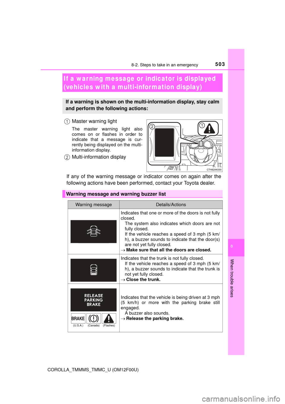 TOYOTA COROLLA 2015 11.G Owners Manual 5038-2. Steps to take in an emergency
8
When trouble arises
COROLLA_TMMMS_TMMC_U (OM12F00U)
Master warning light
The master warning light also
comes on or flashes in order to
indicate that a message i TOYOTA COROLLA 2015 11.G Owners Manual 5038-2. Steps to take in an emergency
8
When trouble arises
COROLLA_TMMMS_TMMC_U (OM12F00U)
Master warning light
The master warning light also
comes on or flashes in order to
indicate that a message i