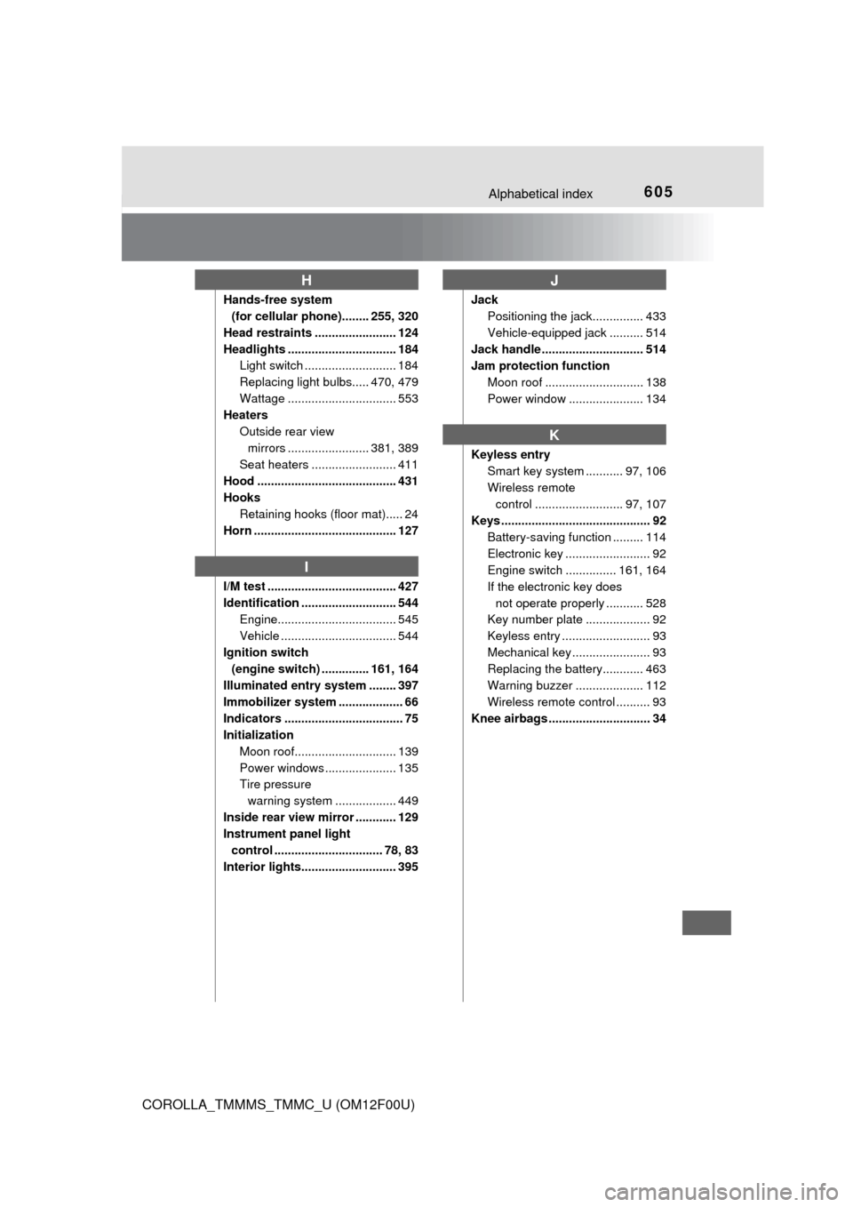 TOYOTA COROLLA 2015 11.G Owners Manual 605Alphabetical index
COROLLA_TMMMS_TMMC_U (OM12F00U)
Hands-free system (for cellular phone)........ 255, 320
Head restraints ........................ 124
Headlights ................................ 1