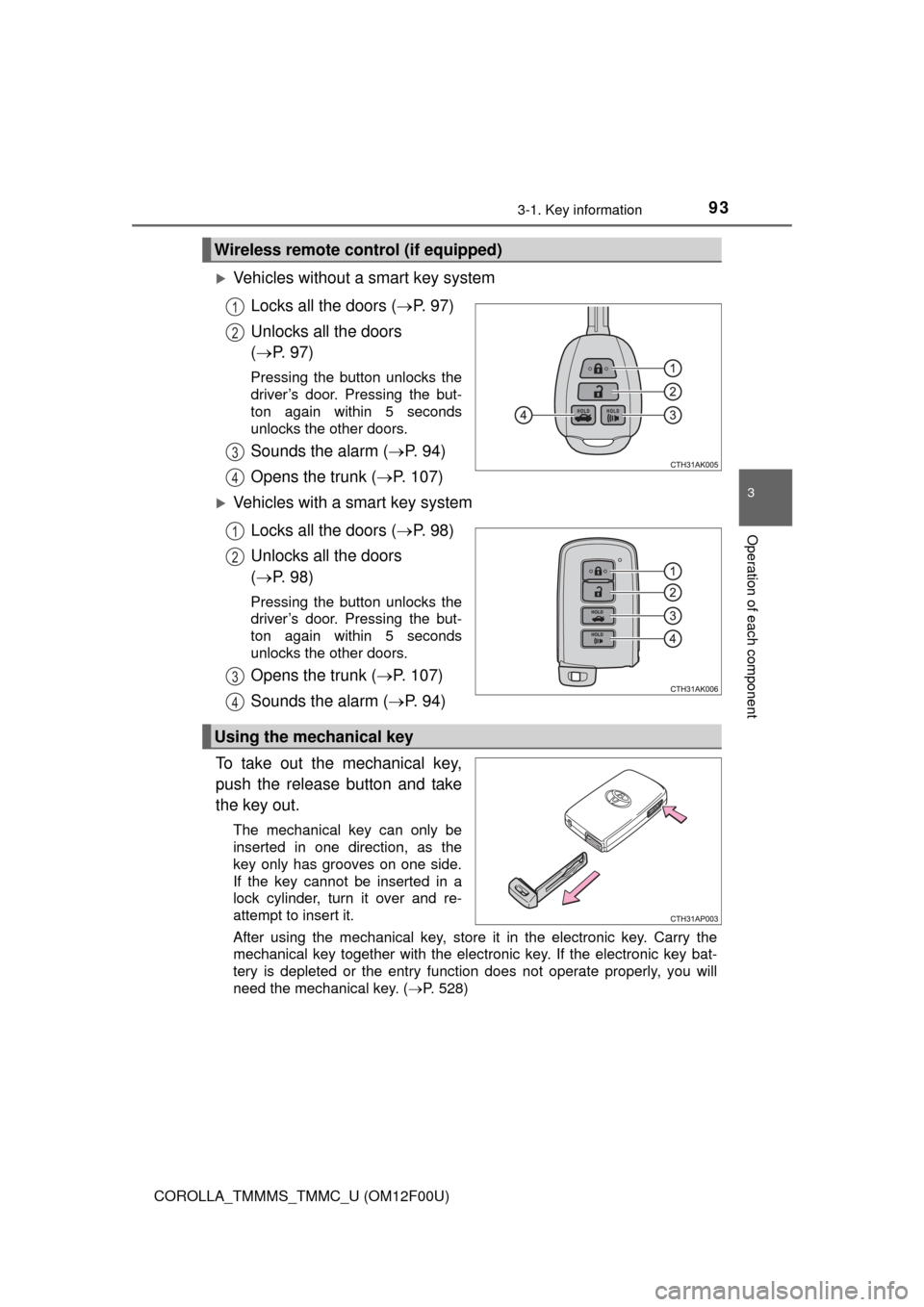 TOYOTA COROLLA 2015 11.G Owners Manual 933-1. Key information
3
Operation of each component
COROLLA_TMMMS_TMMC_U (OM12F00U)
Vehicles without a smart key systemLocks all the doors ( P.  9 7 )
Unlocks all the doors 
(  P. 97)
Pressi