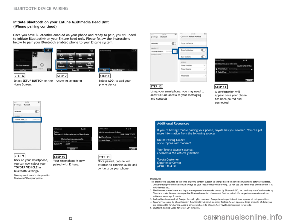 TOYOTA COROLLA 2015 11.G Quick Reference Guide 33
32
Initiate Bluetooth on your Entune Multimedia Head Unit 
(iPhone pairing contined)
Once you have Bluetooth® enabled on your phone and ready to pair, you will need 
to initiate Bluetooth® on you