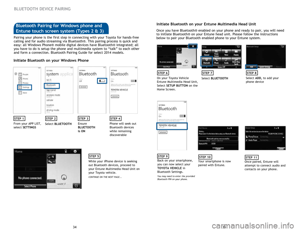 TOYOTA COROLLA 2015 11.G Quick Reference Guide 35
34
BLUETOOTH DEVICE PAIRING
Pairing your phone is the first step in connecting with your Toyota for hands-free 
calling and for audio streaming via Bluetooth®. This pairing process is quick and 
e