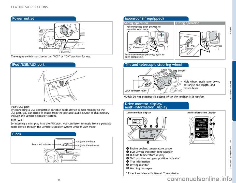 TOYOTA COROLLA 2015 11.G Quick Reference Guide OVERVIEWFEATURES/OPERATIONS
SAFETY AND EMERGENCY FEATURES
14 15
FEATURES/OPERATIONS
iPod®/USB port
By connecting a USB-compatible portable audio device or USB memory to the 
USB port, you can listen 