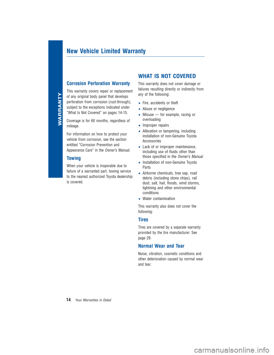 TOYOTA COROLLA 2015 11.G Warranty And Maintenance Guide Corrosion Perforation Warranty
This warranty covers repair or replacement
of any original body panel that develops
perforation from corrosion (rust-through),
subject to the exceptions indicated under

