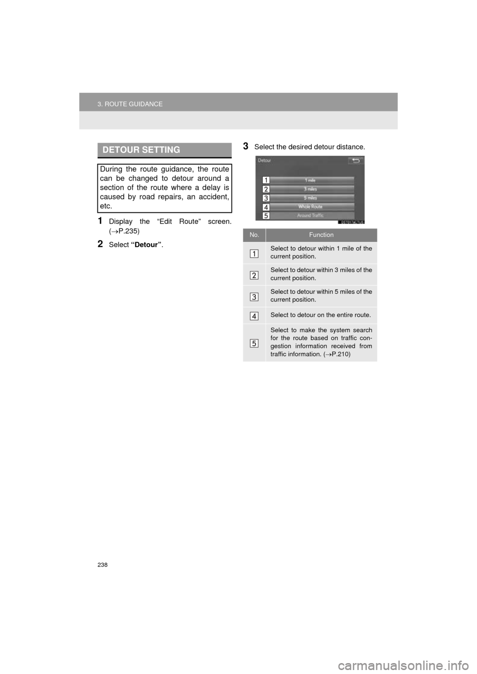 TOYOTA COROLLA 2016 11.G Navigation Manual 238
3. ROUTE GUIDANCE
COROLLA_14CY_Navi_U
1Display the “Edit Route” screen.
(P.235)
2Select “Detour” .
3Select the desired detour distance.DETOUR SETTING
During the route guidance, the rout TOYOTA COROLLA 2016 11.G Navigation Manual 238
3. ROUTE GUIDANCE
COROLLA_14CY_Navi_U
1Display the “Edit Route” screen.
(P.235)
2Select “Detour” .
3Select the desired detour distance.DETOUR SETTING
During the route guidance, the rout