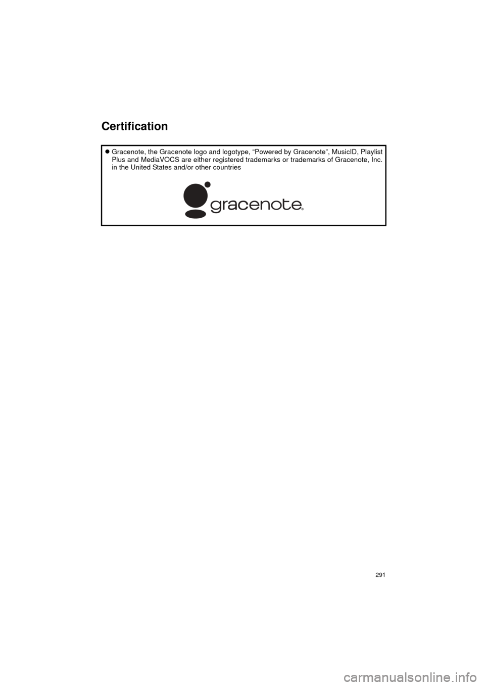 TOYOTA COROLLA 2016 11.G Navigation Manual 291
COROLLA_14CY_Navi_U
Gracenote, the Gracenote logo and logotype, “Powered by Gracenote”, MusicID, Playlist
Plus and MediaVOCS are either registered trademarks or trademarks of Gracenote, In TOYOTA COROLLA 2016 11.G Navigation Manual 291
COROLLA_14CY_Navi_U
Gracenote, the Gracenote logo and logotype, “Powered by Gracenote”, MusicID, Playlist
Plus and MediaVOCS are either registered trademarks or trademarks of Gracenote, In