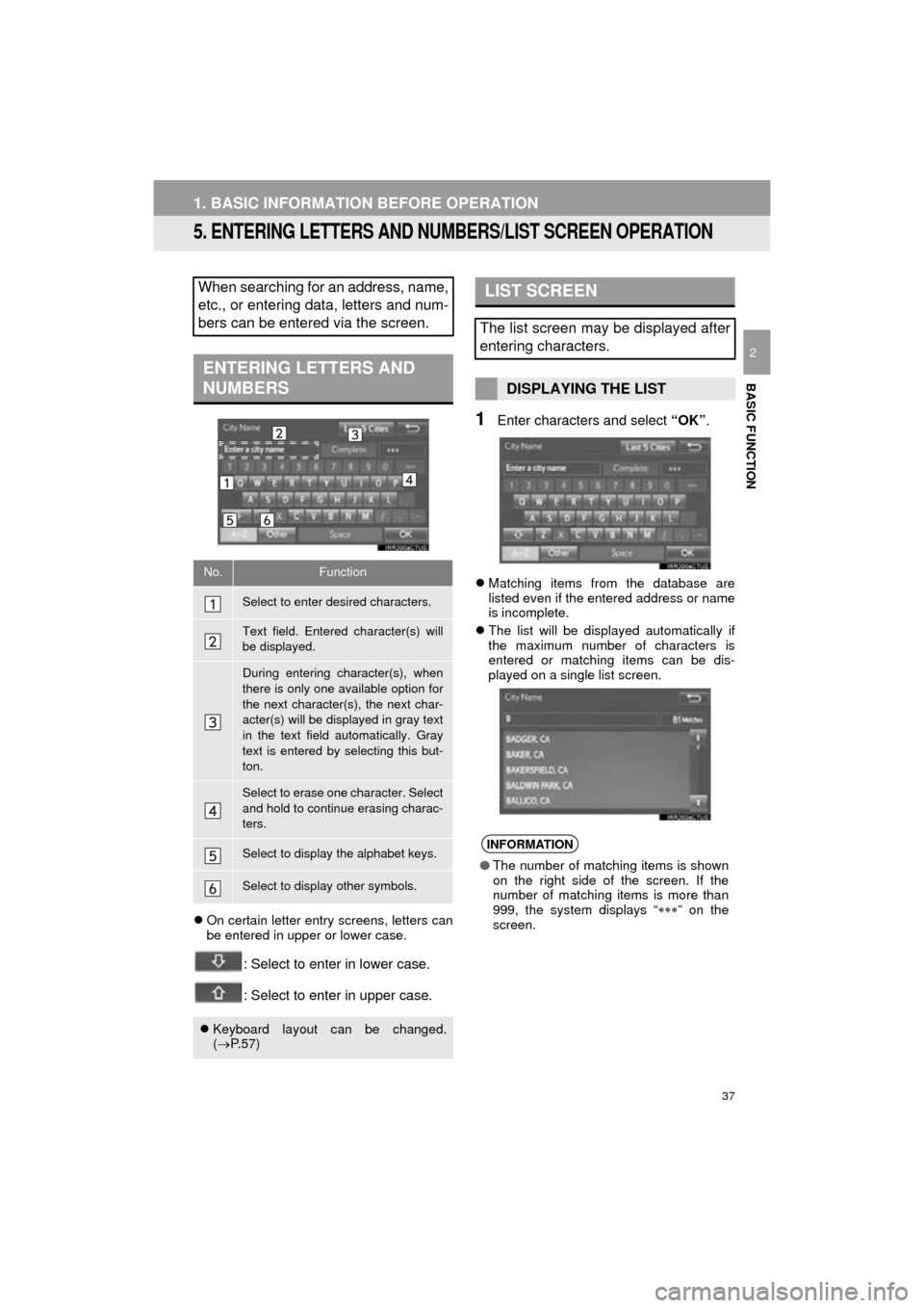 TOYOTA COROLLA 2016 11.G Navigation Manual 37
1. BASIC INFORMATION BEFORE OPERATION
COROLLA_14CY_Navi_U
BASIC FUNCTION
2
5. ENTERING LETTERS AND NUMBERS/LIST SCREEN OPERATION
On certain letter entry screens, letters can
be entered in upper TOYOTA COROLLA 2016 11.G Navigation Manual 37
1. BASIC INFORMATION BEFORE OPERATION
COROLLA_14CY_Navi_U
BASIC FUNCTION
2
5. ENTERING LETTERS AND NUMBERS/LIST SCREEN OPERATION
On certain letter entry screens, letters can
be entered in upper
