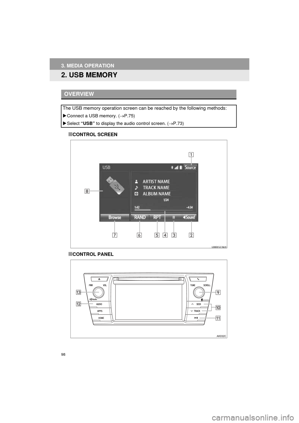 TOYOTA COROLLA 2016 11.G Navigation Manual 98
3. MEDIA OPERATION
COROLLA_14CY_Navi_U
2. USB MEMORY
■CONTROL SCREEN
■CONTROL PANEL
OVERVIEW
The USB memory operation screen can be reached by the following methods:
Connect a USB memory. ( TOYOTA COROLLA 2016 11.G Navigation Manual 98
3. MEDIA OPERATION
COROLLA_14CY_Navi_U
2. USB MEMORY
■CONTROL SCREEN
■CONTROL PANEL
OVERVIEW
The USB memory operation screen can be reached by the following methods:
Connect a USB memory. (