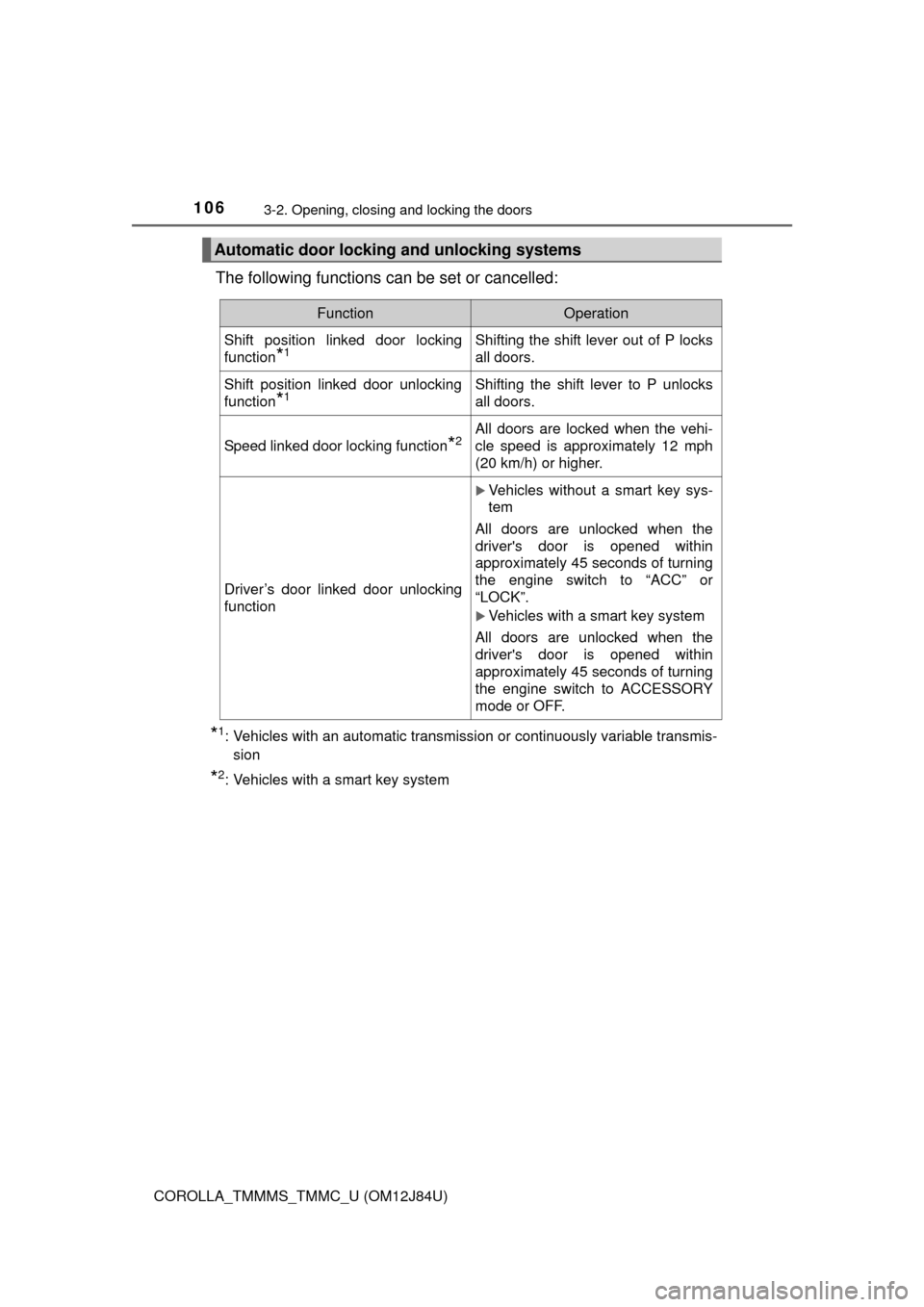 TOYOTA COROLLA 2016 11.G Owners Manual 1063-2. Opening, closing and locking the doors
COROLLA_TMMMS_TMMC_U (OM12J84U)
The following functions can be set or cancelled:
*1: Vehicles with an automatic transmission or continuously variable tra