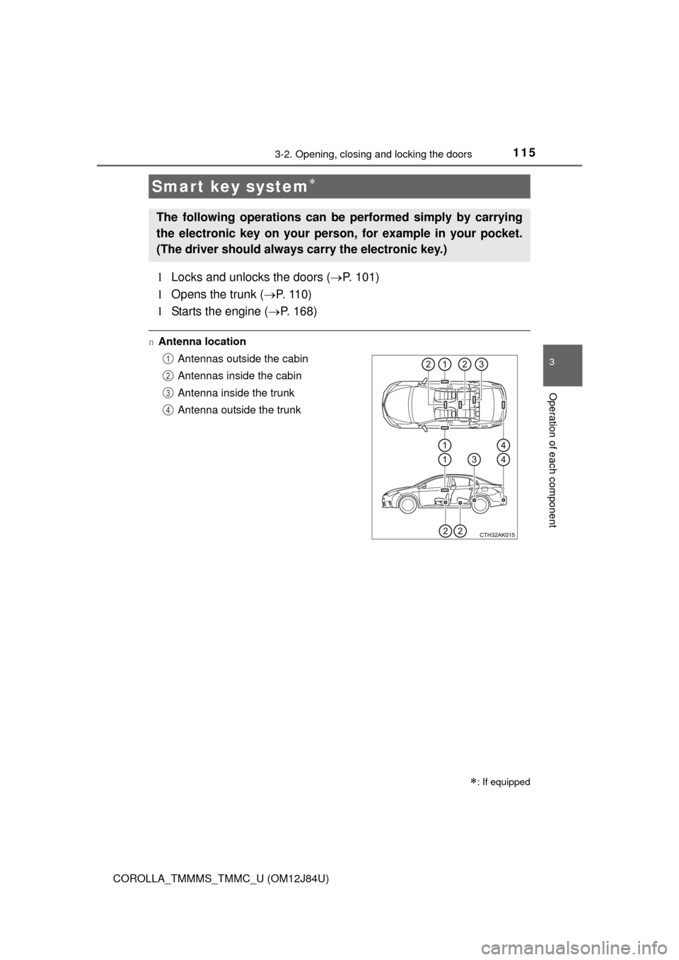 TOYOTA COROLLA 2016 11.G User Guide 1153-2. Opening, closing and locking the doors
3
Operation of each component
COROLLA_TMMMS_TMMC_U (OM12J84U)
lLocks and unlocks the doors ( P. 101)
l Opens the trunk ( P.  1 1 0 )
l Starts the e