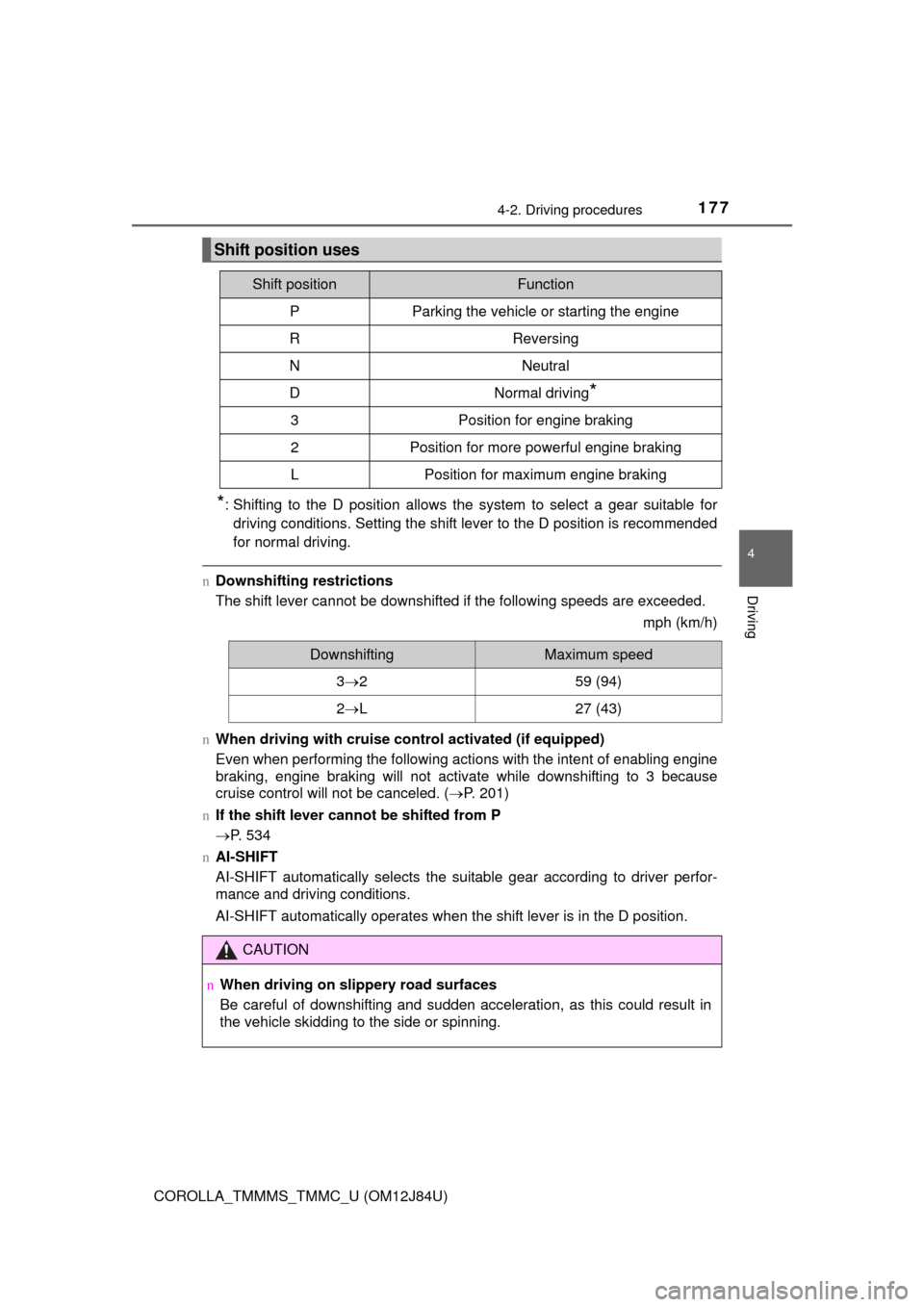 TOYOTA COROLLA 2016 11.G Owners Manual 1774-2. Driving procedures
4
Driving
COROLLA_TMMMS_TMMC_U (OM12J84U)
*: Shifting to the D position allows the system to select a gear suitable fordriving conditions. Setting the shift lever to the D p