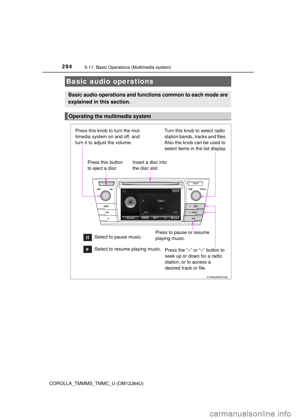 TOYOTA COROLLA 2016 11.G Owners Manual 2945-11. Basic Operations (Multimedia system)
COROLLA_TMMMS_TMMC_U (OM12J84U)
Basic audio operations
Basic audio operations and functions common to each mode are
explained in this section.
Operating t TOYOTA COROLLA 2016 11.G Owners Manual 2945-11. Basic Operations (Multimedia system)
COROLLA_TMMMS_TMMC_U (OM12J84U)
Basic audio operations
Basic audio operations and functions common to each mode are
explained in this section.
Operating t
