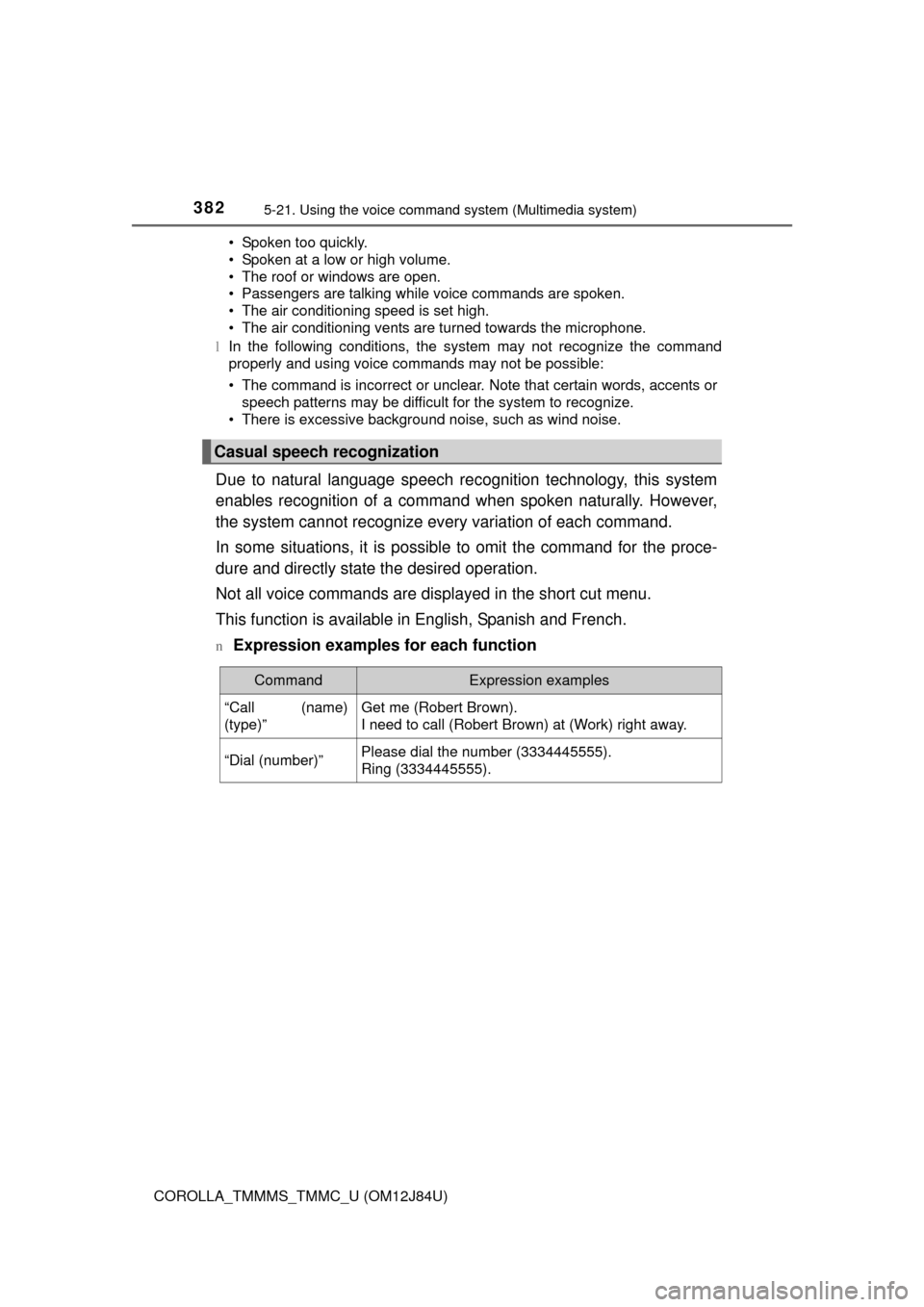 TOYOTA COROLLA 2016 11.G Owners Manual 3825-21. Using the voice command system (Multimedia system)
COROLLA_TMMMS_TMMC_U (OM12J84U)• Spoken too quickly.
• Spoken at a low or high volume.
• The roof or windows are open.
• Passengers 