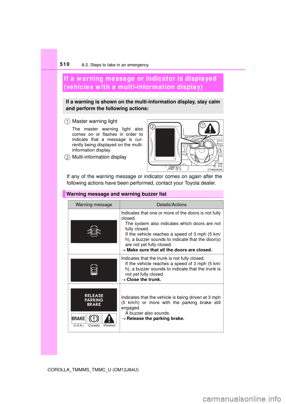 TOYOTA COROLLA 2016 11.G Owners Guide 5108-2. Steps to take in an emergency
COROLLA_TMMMS_TMMC_U (OM12J84U)
Master warning light
The master warning light also
comes on or flashes in order to
indicate that a message is cur-
rently being di