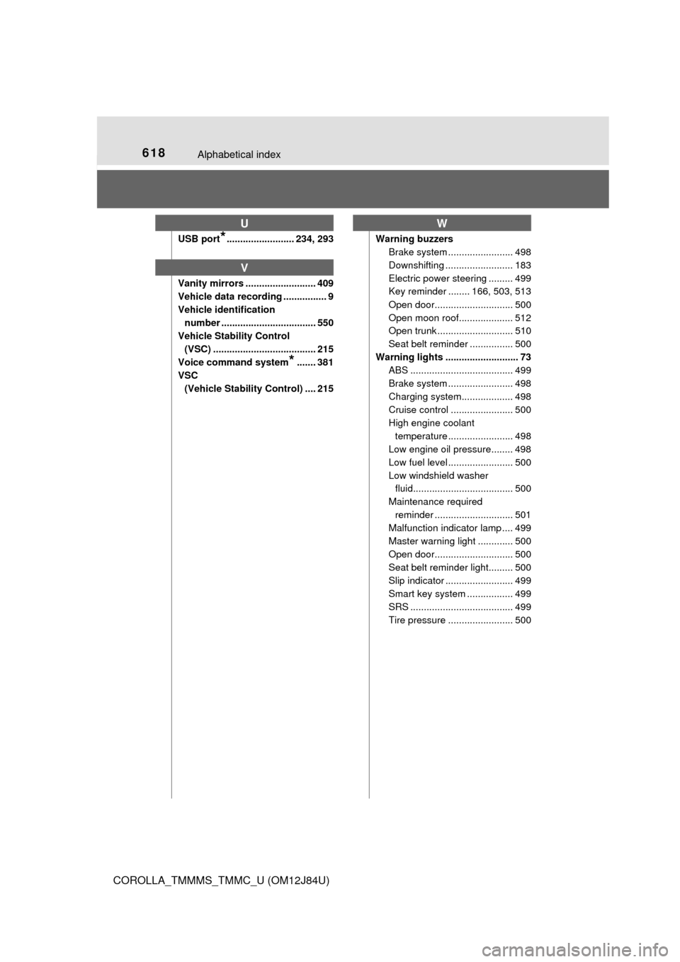TOYOTA COROLLA 2016 11.G Manual Online 618Alphabetical index
COROLLA_TMMMS_TMMC_U (OM12J84U)
USB port*......................... 234, 293
Vanity mirrors .......................... 409
Vehicle data recording ................ 9
Vehicle identi