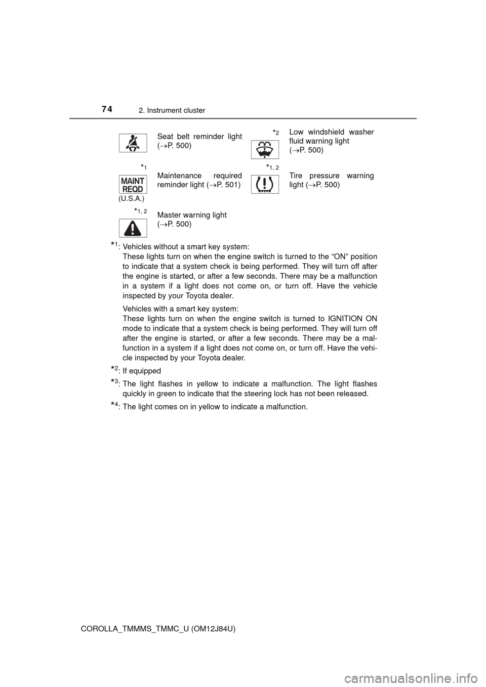 TOYOTA COROLLA 2016 11.G Manual PDF 742. Instrument cluster
COROLLA_TMMMS_TMMC_U (OM12J84U)
*1: Vehicles without a smart key system: These lights turn on when the engine switch is turned to the “ON” position
to indicate that a syste
