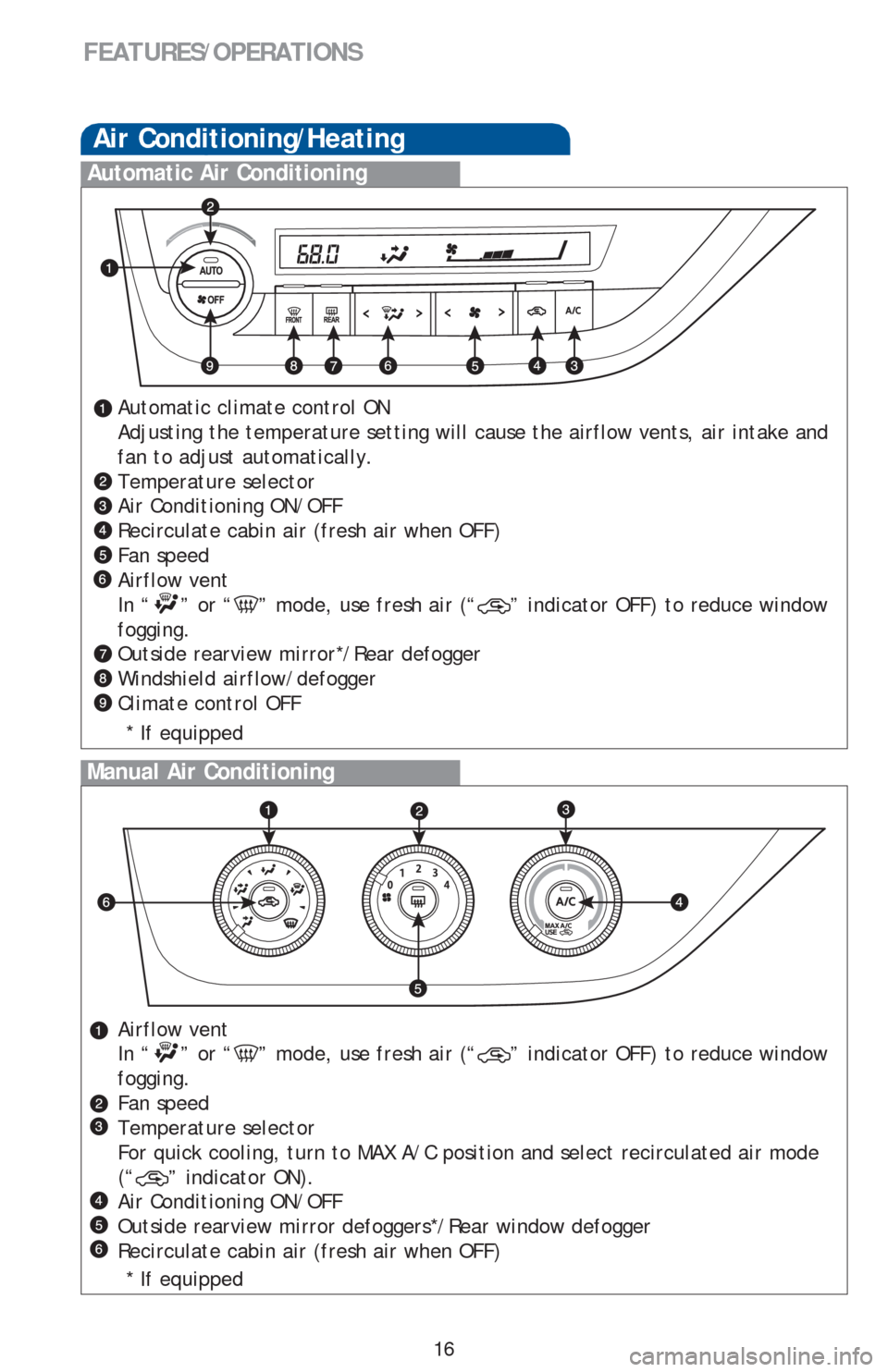 TOYOTA COROLLA 2016 11.G Quick Reference Guide 16
FEATURES/OPERATIONS
Automatic Air Conditioning
Automatic climate control ON
Adjusting the temperature setting will cause the airflow vents, air intake and
fan to adjust automatically.
Temperature TOYOTA COROLLA 2016 11.G Quick Reference Guide 16
FEATURES/OPERATIONS
Automatic Air Conditioning
Automatic climate control ON
Adjusting the temperature setting will cause the airflow vents, air intake and
fan to adjust automatically.
Temperature