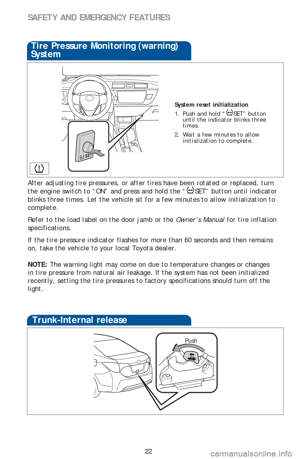 TOYOTA COROLLA 2016 11.G Quick Reference Guide 22
SAFETY AND EMERGENCY FEATURES
System reset initialization
1. Push and hold “ SET” button
until the indicator blinks three
times.
2. Wait a few minutes to allow
initialization to comple TOYOTA COROLLA 2016 11.G Quick Reference Guide 22
SAFETY AND EMERGENCY FEATURES
System reset initialization
1. Push and hold “ SET” button
until the indicator blinks three
times.
2. Wait a few minutes to allow
initialization to comple