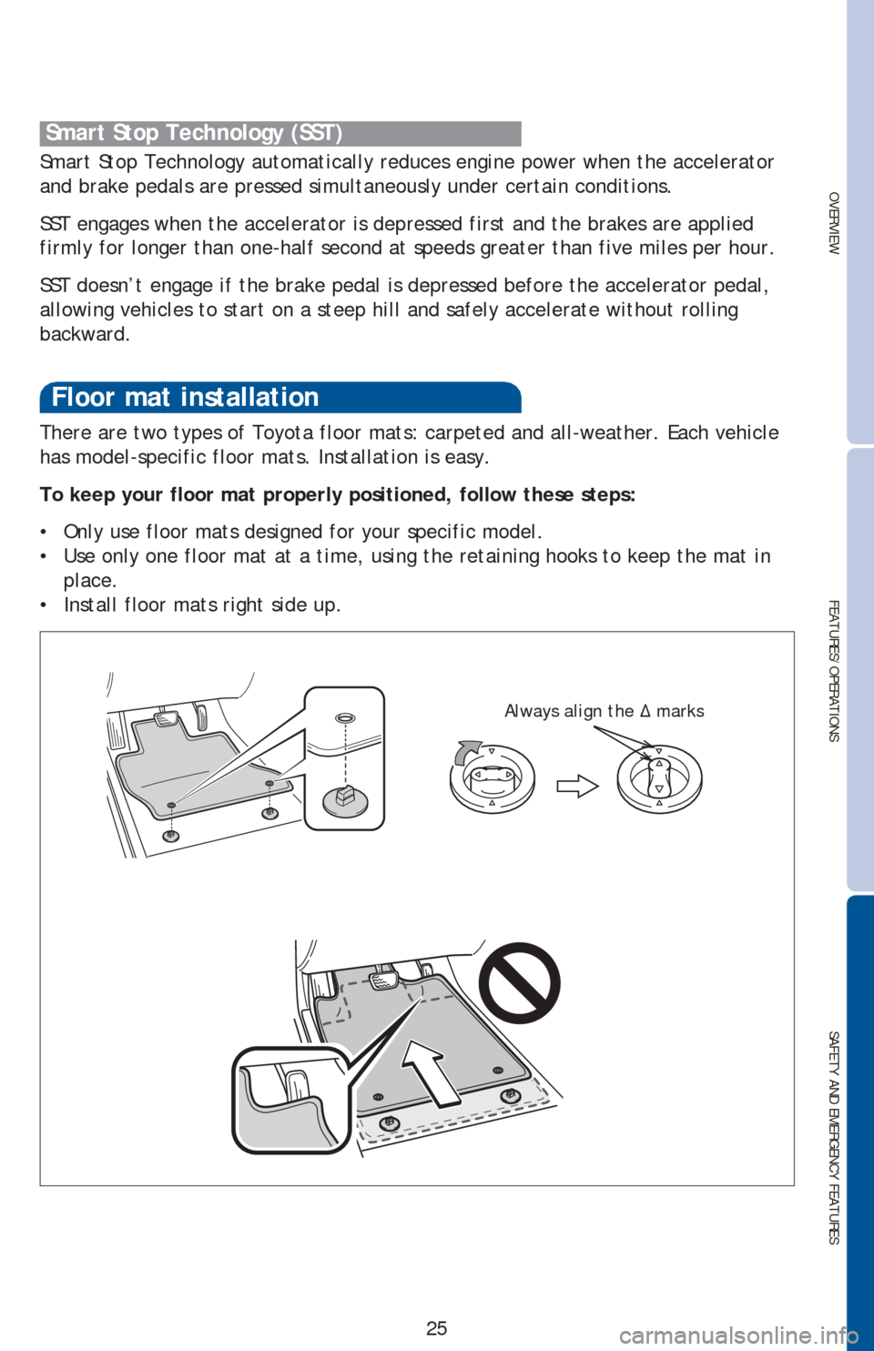 TOYOTA COROLLA 2016 11.G Quick Reference Guide OVERVIEWFEATURES/OPERATIONS
SAFETY AND EMERGENCY FEATURES
25 There are two types of Toyota floor mats: carpeted and all-weather. Each vehicle
has model-specific floor mats. Installation is easy.
To TOYOTA COROLLA 2016 11.G Quick Reference Guide OVERVIEWFEATURES/OPERATIONS
SAFETY AND EMERGENCY FEATURES
25 There are two types of Toyota floor mats: carpeted and all-weather. Each vehicle
has model-specific floor mats. Installation is easy.
To
