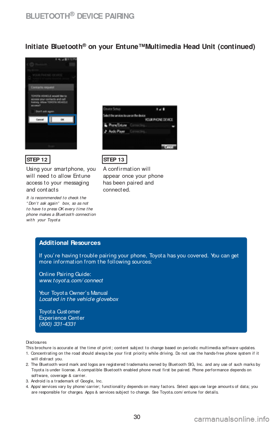TOYOTA COROLLA 2016 11.G Quick Reference Guide 30 30
BLUETOOTH® DEVICE PAIRING
STEP 12
Initiate Bluetooth® on your Entune™ Multimedia Head Unit (continued)
A confirmation will
appear once your phone
has been paired and
connected.
STEP 13
A TOYOTA COROLLA 2016 11.G Quick Reference Guide 30 30
BLUETOOTH® DEVICE PAIRING
STEP 12
Initiate Bluetooth® on your Entune™ Multimedia Head Unit (continued)
A confirmation will
appear once your phone
has been paired and
connected.
STEP 13
A
