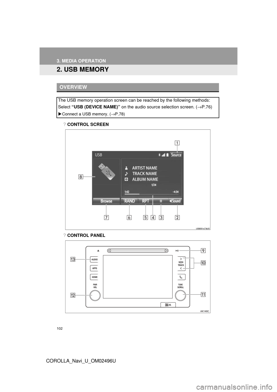 TOYOTA COROLLA 2017 11.G Navigation Manual 102
3. MEDIA OPERATION
COROLLA_Navi_U_OM02496U
2. USB MEMORY
?CONTROL SCREEN
?CONTROL PANEL
OVERVIEW
The USB memory operation screen can be reached by the following methods:
Select “USB (DEVICE NAME