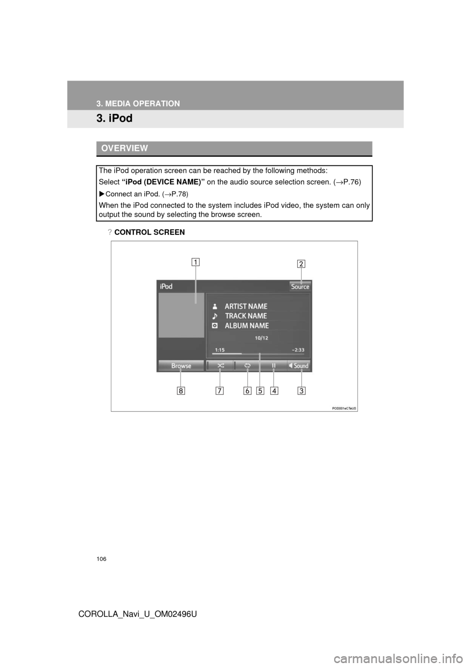 TOYOTA COROLLA 2017 11.G Navigation Manual 106
3. MEDIA OPERATION
COROLLA_Navi_U_OM02496U
3. iPod
?CONTROL SCREEN
OVERVIEW
The iPod operation screen can be reached by the following methods:
Select “iPod (DEVICE NAME)”  on the audio source 
