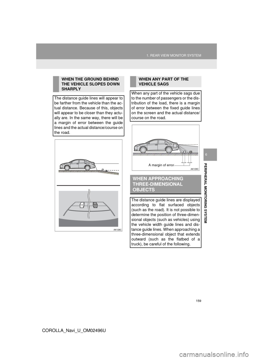 TOYOTA COROLLA 2017 11.G Navigation Manual 159
1. REAR VIEW MONITOR SYSTEM
PERIPHERAL MONITORING SYSTEM
COROLLA_Navi_U_OM02496U
6
WHEN THE GROUND BEHIND
THE VEHICLE SLOPES DOWN
SHARPLY
The distance guide lines will appear to
be farther from TOYOTA COROLLA 2017 11.G Navigation Manual 159
1. REAR VIEW MONITOR SYSTEM
PERIPHERAL MONITORING SYSTEM
COROLLA_Navi_U_OM02496U
6
WHEN THE GROUND BEHIND
THE VEHICLE SLOPES DOWN
SHARPLY
The distance guide lines will appear to
be farther from