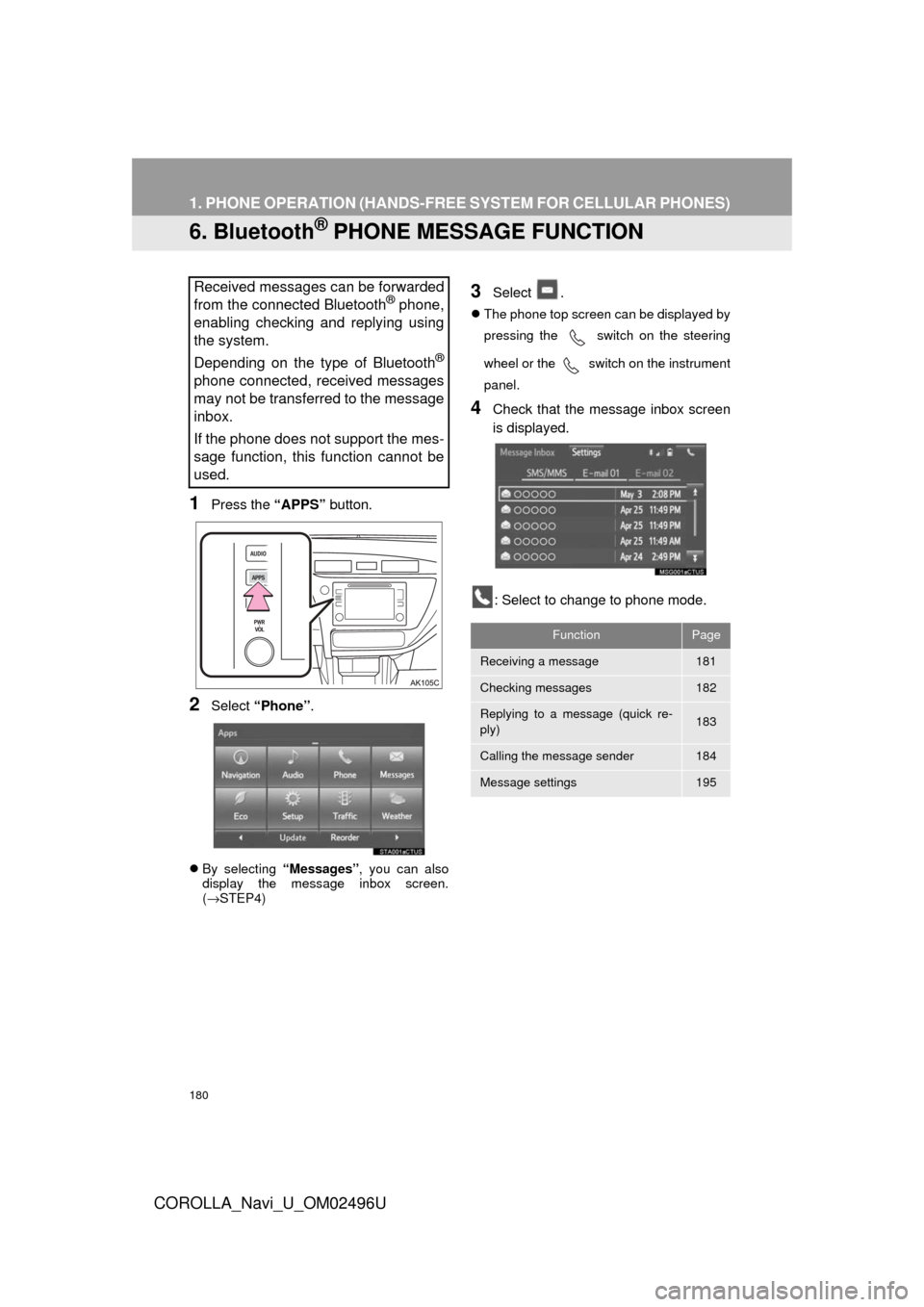 TOYOTA COROLLA 2017 11.G Navigation Manual 180
1. PHONE OPERATION (HANDS-FREE SYSTEM FOR CELLULAR PHONES)
COROLLA_Navi_U_OM02496U
6. Bluetooth® PHONE MESSAGE FUNCTION
1Press the “APPS” button.
2Select “Phone” .
By selecting  “Mes