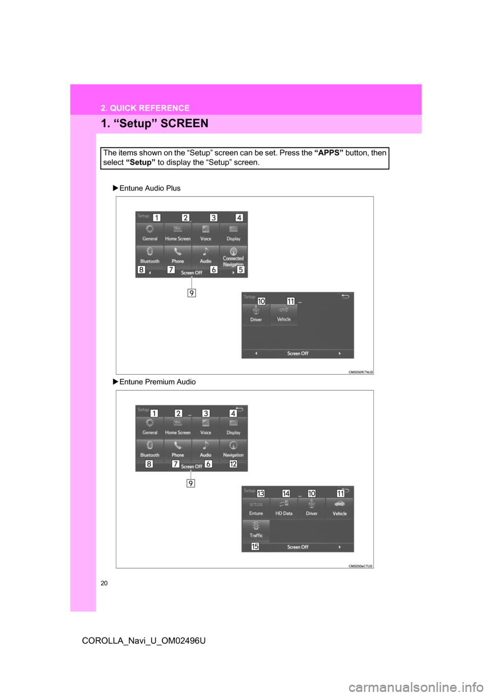 TOYOTA COROLLA 2017 11.G Navigation Manual 20
2. QUICK REFERENCE
COROLLA_Navi_U_OM02496U
1. “Setup” SCREEN
Entune Audio Plus
 Entune Premium Audio
The items shown on the “Setup” screen can be set. Press the  “APPS” button, th