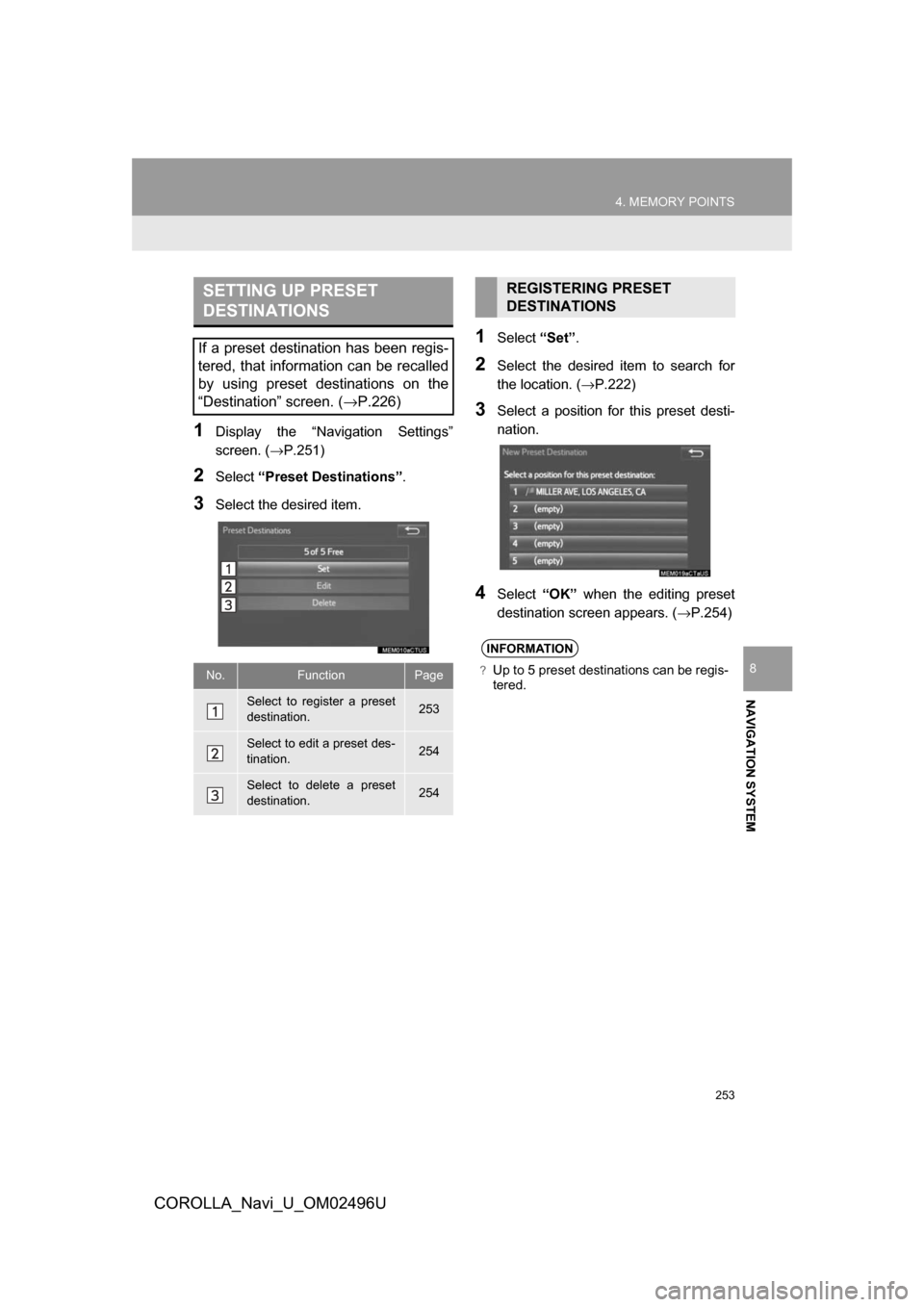 TOYOTA COROLLA 2017 11.G Navigation Manual 253
4. MEMORY POINTS
COROLLA_Navi_U_OM02496U
NAVIGATION SYSTEM
8
1Display the “Navigation Settings”
screen. (→P.251)
2Select“Preset Destinations” .
3Select the desired item.
1Select“Set”