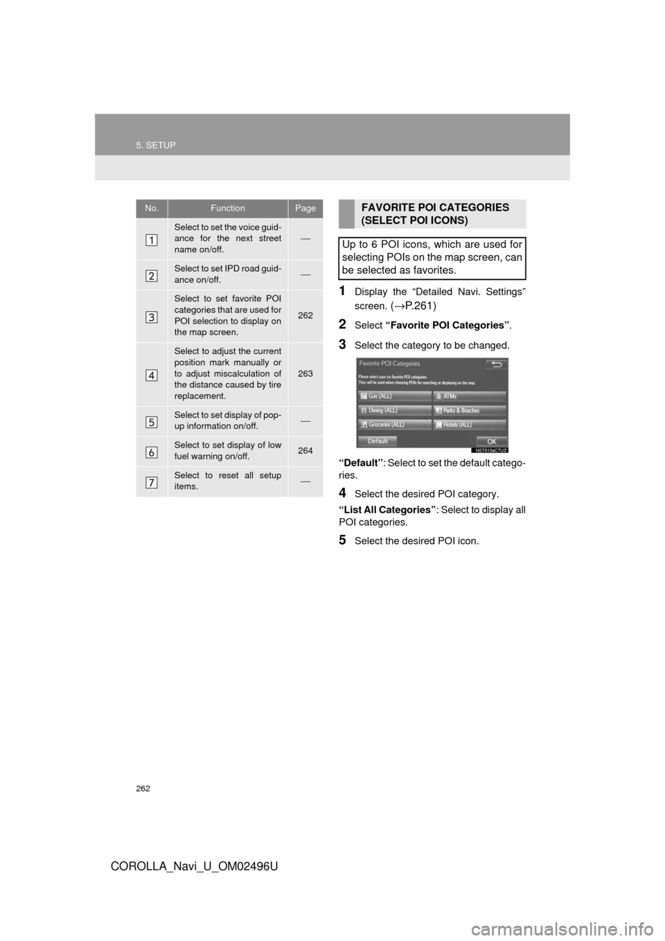 TOYOTA COROLLA 2017 11.G Navigation Manual 262
5. SETUP
COROLLA_Navi_U_OM02496U
1Display the “Detailed Navi. Settings”
screen. 
(→ P.261)
2Select  “Favorite POI Categories” .
3Select the category to be changed.
“Default”: Select 