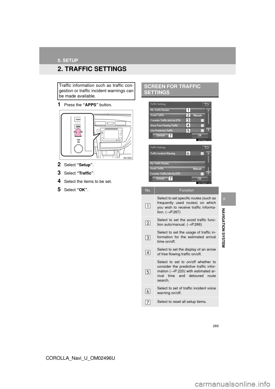 TOYOTA COROLLA 2017 11.G Navigation Manual 265
5. SETUP
COROLLA_Navi_U_OM02496U
NAVIGATION SYSTEM
8
2. TRAFFIC SETTINGS
1Press the “APPS” button.
2Select “Setup” .
3Select “Traffic” .
4Select the items to be set.
5Select “OK”.
