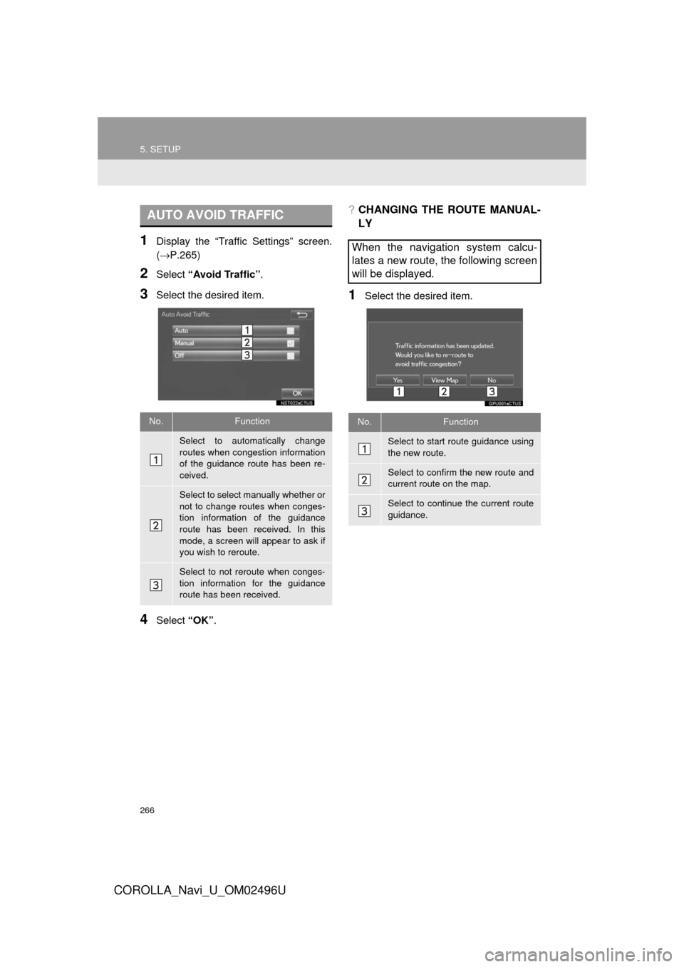 TOYOTA COROLLA 2017 11.G Navigation Manual 266
5. SETUP
COROLLA_Navi_U_OM02496U
1Display the “Traffic Settings” screen.
(→P.265)
2Select “Avoid Traffic” .
3Select the desired item.
4Select “OK”.
?CHANGING THE ROUTE MANUAL-
LY
1Se