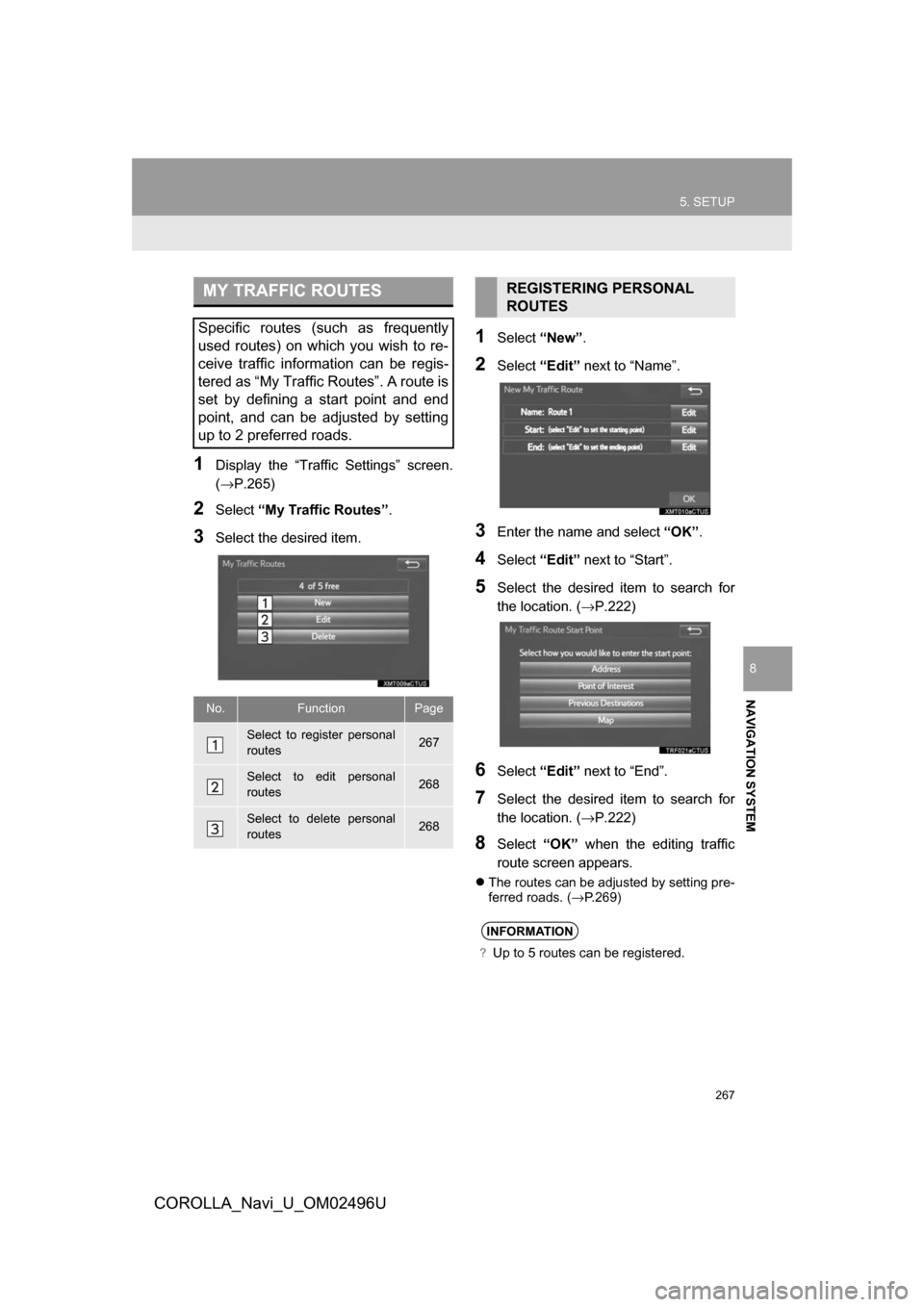 TOYOTA COROLLA 2017 11.G Navigation Manual 267
5. SETUP
COROLLA_Navi_U_OM02496U
NAVIGATION SYSTEM
8
1Display the “Traffic Settings” screen.
(→P.265)
2Select“My Traffic Routes” .
3Select the desired item.
1Select“New”.
2Select“E