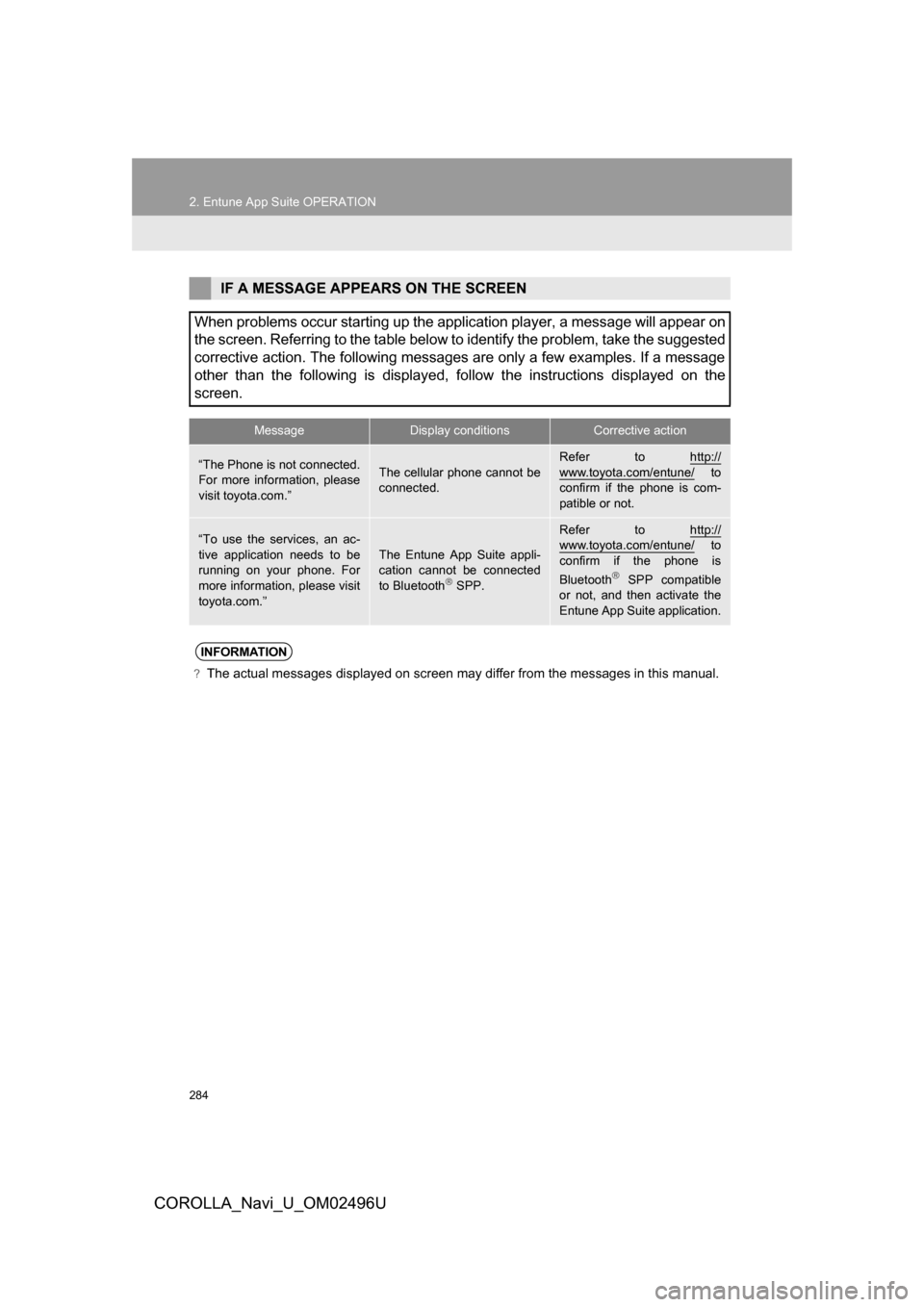 TOYOTA COROLLA 2017 11.G Navigation Manual 284
2. Entune App Suite OPERATION
COROLLA_Navi_U_OM02496U
IF A MESSAGE APPEARS ON THE SCREEN
When problems occur starting up the application player, a message will appear on
the screen. Referring to t TOYOTA COROLLA 2017 11.G Navigation Manual 284
2. Entune App Suite OPERATION
COROLLA_Navi_U_OM02496U
IF A MESSAGE APPEARS ON THE SCREEN
When problems occur starting up the application player, a message will appear on
the screen. Referring to t