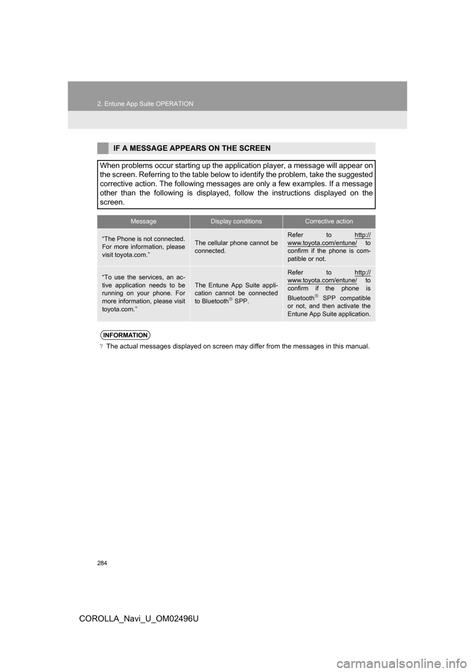 TOYOTA COROLLA 2017 11.G Navigation Manual 284
2. Entune App Suite OPERATION
COROLLA_Navi_U_OM02496U
IF A MESSAGE APPEARS ON THE SCREEN
When problems occur starting up the application player, a message will appear on
the screen. Referring to t