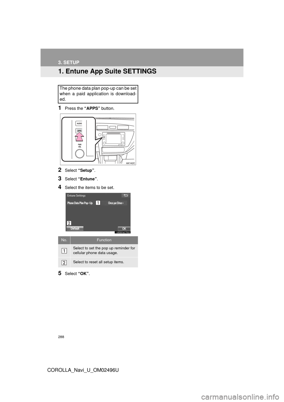 TOYOTA COROLLA 2017 11.G Navigation Manual 288
COROLLA_Navi_U_OM02496U
3. SETUP
1. Entune App Suite SETTINGS
1Press the “APPS” button.
2Select “Setup” .
3Select “Entune” .
4Select the items to be set.
5Select “OK”.
The phone da