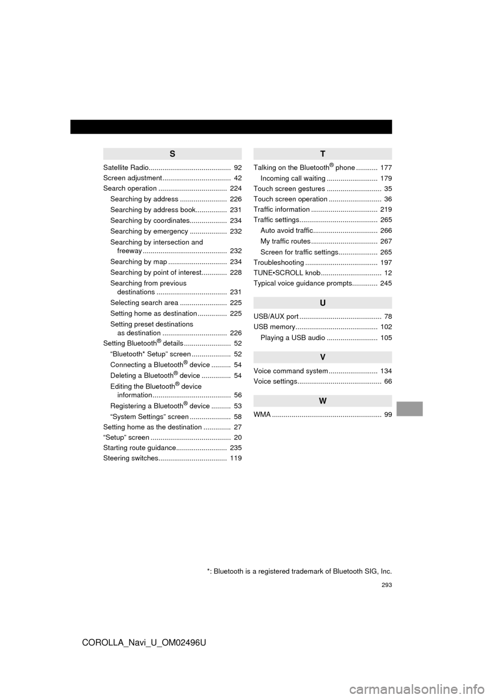 TOYOTA COROLLA 2017 11.G Navigation Manual 293
COROLLA_Navi_U_OM02496U
S
Satellite Radio..........................................  92
Screen adjustment ...................................  42
Search operation .................................