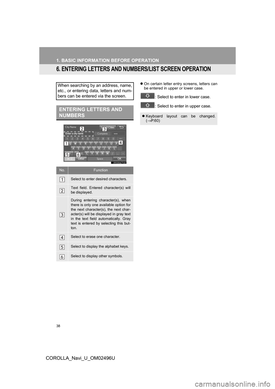 TOYOTA COROLLA 2017 11.G Navigation Manual 38
1. BASIC INFORMATION BEFORE OPERATION
COROLLA_Navi_U_OM02496U
6. ENTERING LETTERS AND NUMBERS/LIST SCREEN OPERATION
On certain letter entry screens, letters can
be entered in upper or lower case TOYOTA COROLLA 2017 11.G Navigation Manual 38
1. BASIC INFORMATION BEFORE OPERATION
COROLLA_Navi_U_OM02496U
6. ENTERING LETTERS AND NUMBERS/LIST SCREEN OPERATION
On certain letter entry screens, letters can
be entered in upper or lower case
