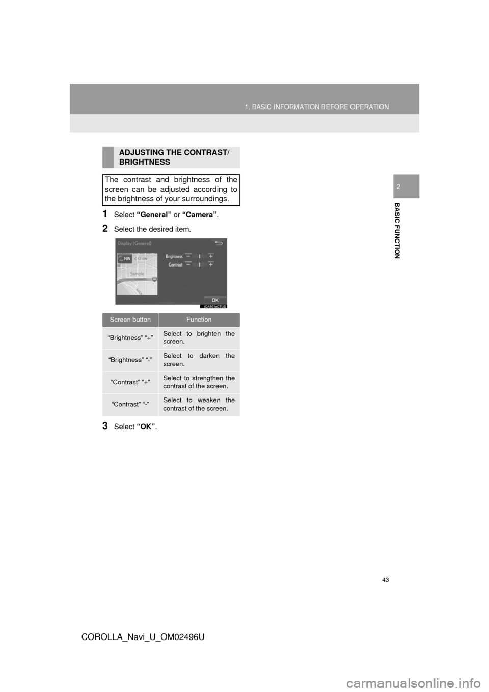 TOYOTA COROLLA 2017 11.G Navigation Manual 43
1. BASIC INFORMATION BEFORE OPERATION
BASIC FUNCTION
COROLLA_Navi_U_OM02496U
2
1Select “General” or “Camera” .
2Select the desired item.
3Select “OK”.
ADJUSTING THE CONTRAST/
BRIGHTNES TOYOTA COROLLA 2017 11.G Navigation Manual 43
1. BASIC INFORMATION BEFORE OPERATION
BASIC FUNCTION
COROLLA_Navi_U_OM02496U
2
1Select “General” or “Camera” .
2Select the desired item.
3Select “OK”.
ADJUSTING THE CONTRAST/
BRIGHTNES