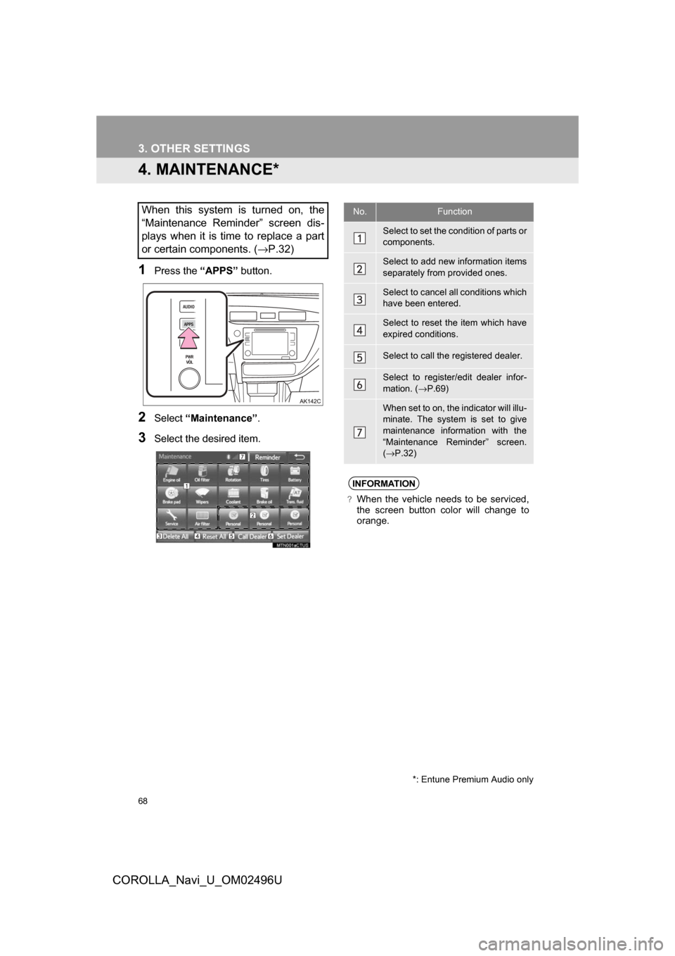 TOYOTA COROLLA 2017 11.G Navigation Manual 68
3. OTHER SETTINGS
COROLLA_Navi_U_OM02496U
4. MAINTENANCE*
1Press the “APPS” button.
2Select“Maintenance” .
3Select the desired item.
When this system is turned on, the
“Maintenance Remind TOYOTA COROLLA 2017 11.G Navigation Manual 68
3. OTHER SETTINGS
COROLLA_Navi_U_OM02496U
4. MAINTENANCE*
1Press the “APPS” button.
2Select“Maintenance” .
3Select the desired item.
When this system is turned on, the
“Maintenance Remind
