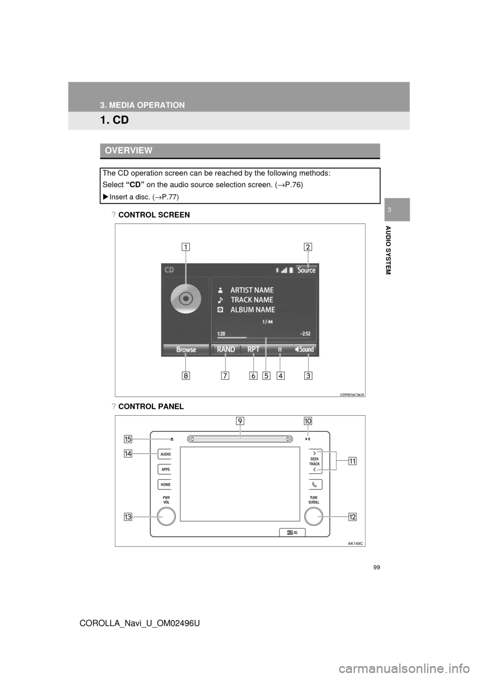 TOYOTA COROLLA 2017 11.G Navigation Manual 99
COROLLA_Navi_U_OM02496U
AUDIO SYSTEM
3
3. MEDIA OPERATION
1. CD
?CONTROL SCREEN
?CONTROL PANEL
OVERVIEW
The CD operation screen can be reached by the following methods:
Select “CD” on the audio TOYOTA COROLLA 2017 11.G Navigation Manual 99
COROLLA_Navi_U_OM02496U
AUDIO SYSTEM
3
3. MEDIA OPERATION
1. CD
?CONTROL SCREEN
?CONTROL PANEL
OVERVIEW
The CD operation screen can be reached by the following methods:
Select “CD” on the audio