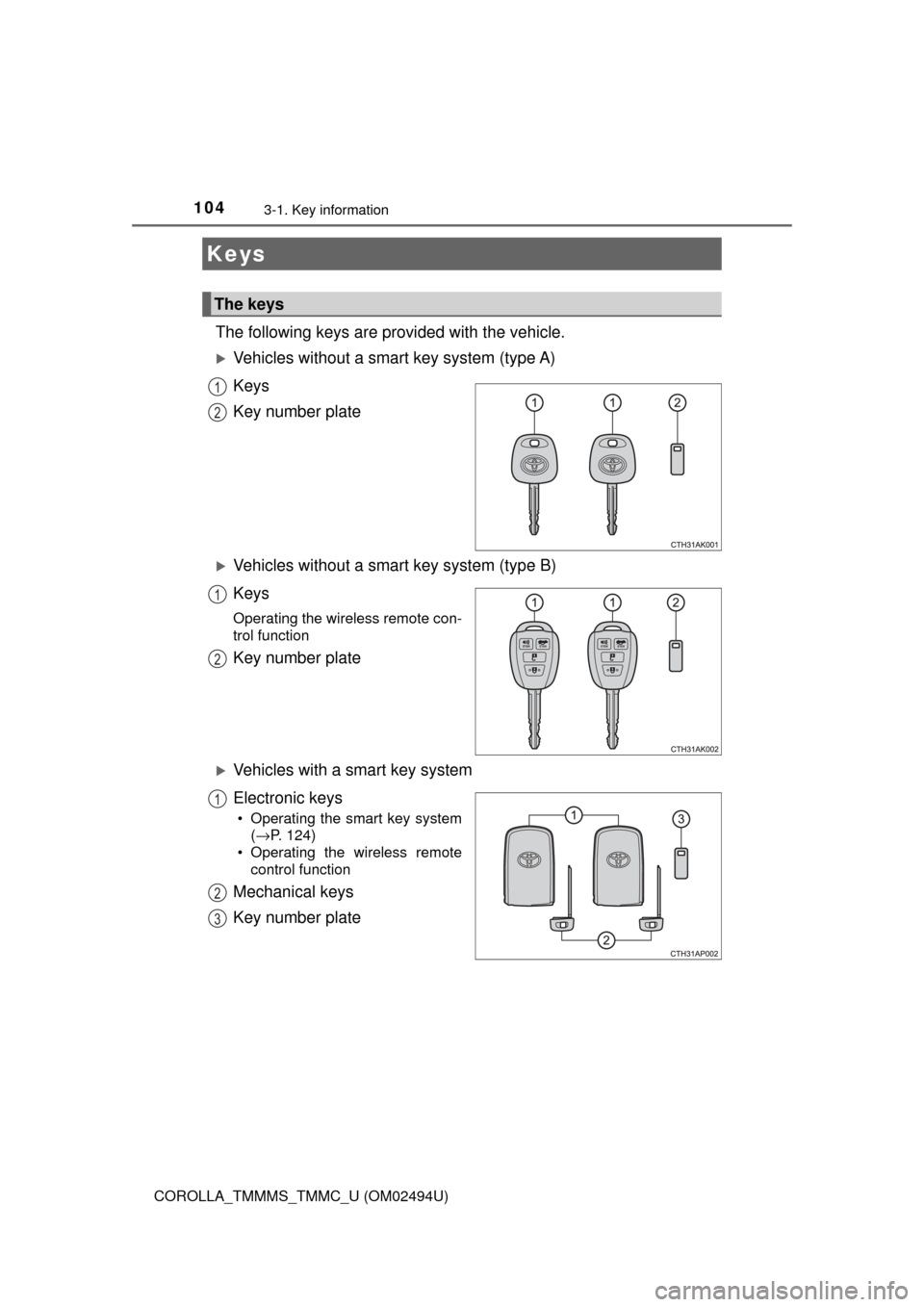 TOYOTA COROLLA 2017 11.G Owners Manual 104
COROLLA_TMMMS_TMMC_U (OM02494U)
3-1. Key information
The following keys are provided with the vehicle.
Vehicles without a smart key system (type A)
Keys
Key number plate
Vehicles without a s