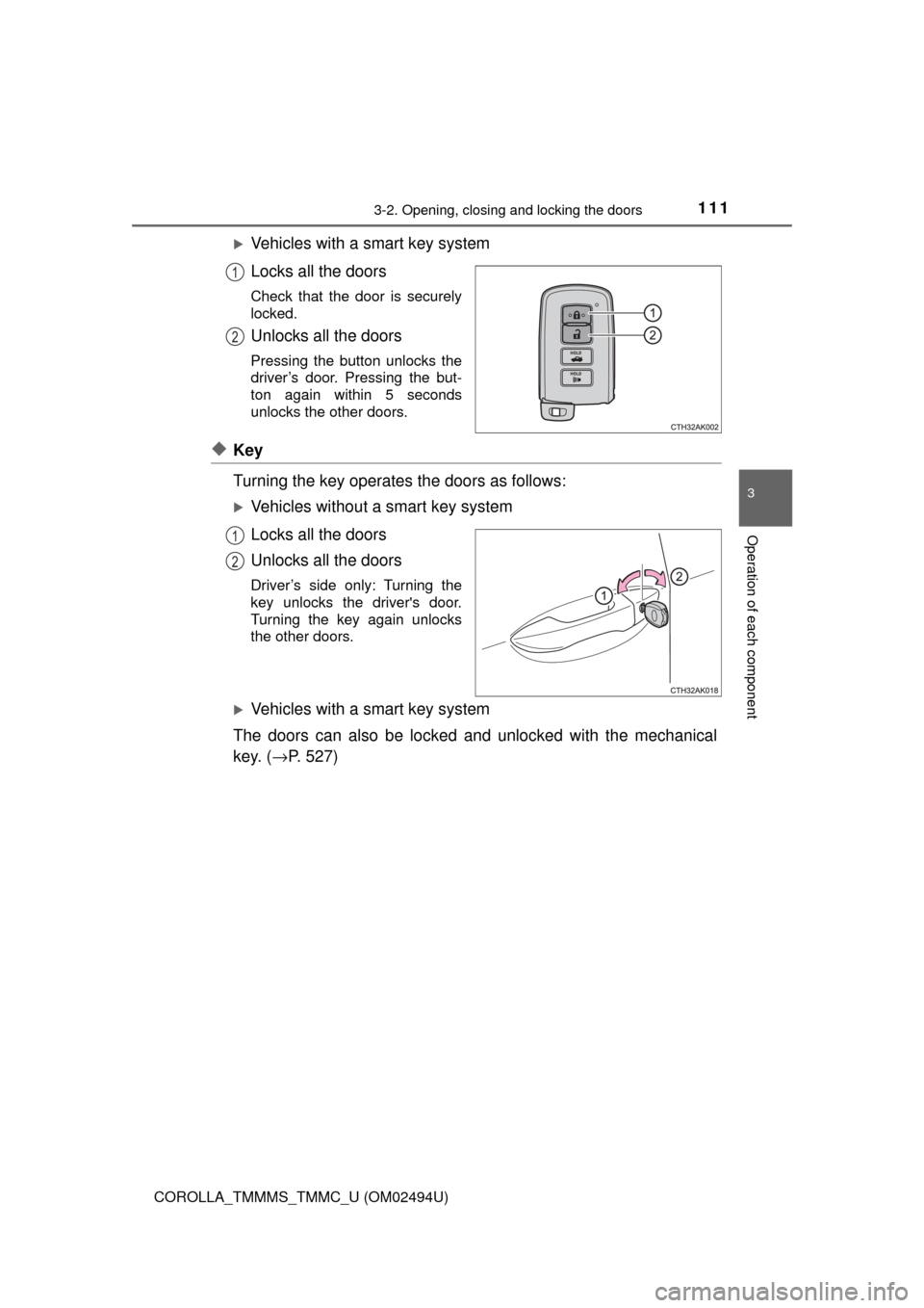 TOYOTA COROLLA 2017 11.G Owners Manual 1113-2. Opening, closing and locking the doors
3
Operation of each component
COROLLA_TMMMS_TMMC_U (OM02494U)
Vehicles with a smart key system
Locks all the doors
Check that the door is securely
loc